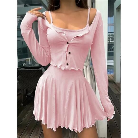 Long Sleeve Crop Top and Cami Dress Set - Picture 1 of 8